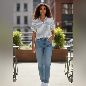 Doe & Rae Blue White Stripe Blouse Sz L NWOT | Short Sleeve Button Top